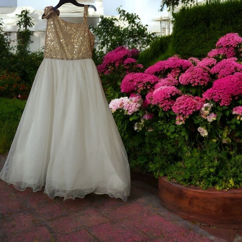 Rare Editions Sequin Gold Cream Formal Dance Easter Summer Wedding Dress SOLD